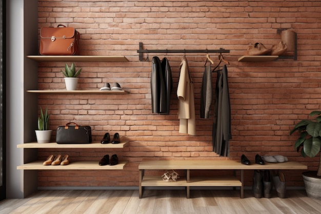 Une conception de couloir à la mode et chic avec une étagère à chaussures et des vêtements accrochés à un mur de briques