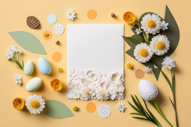 Conception créative de mise à plat de pâques avec du papier blanc vierge et des fleurs de printemps