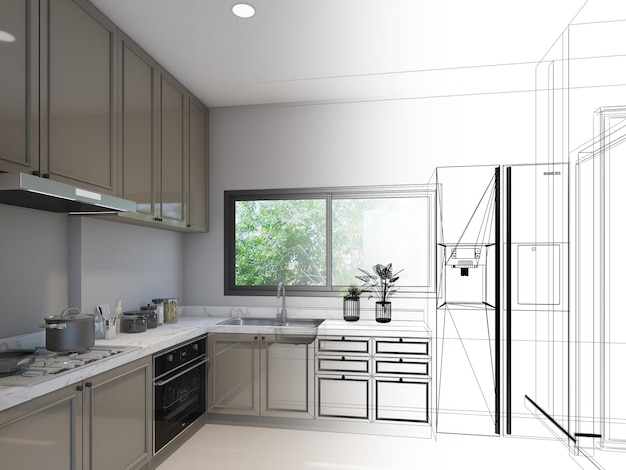 Conception de croquis abstrait du rendu 3d de la salle de cuisine