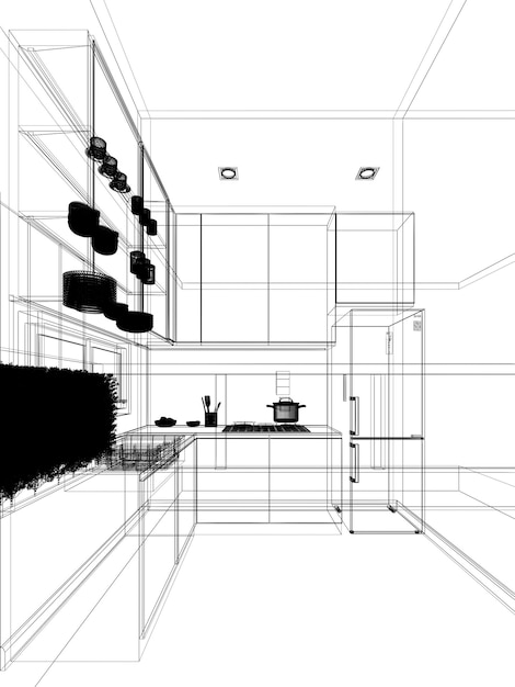 Conception de croquis abstrait du rendu 3d de la salle de cuisine