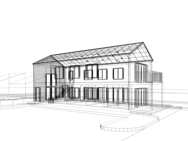 Conception de croquis de cadre de fil de rendu 3d de maison