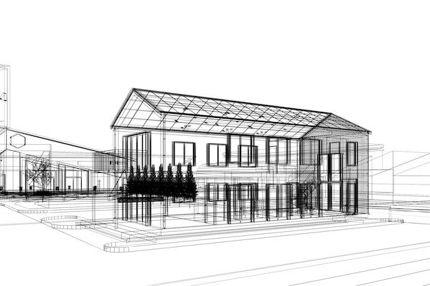 Conception de croquis de cadre de fil de rendu 3d de maison