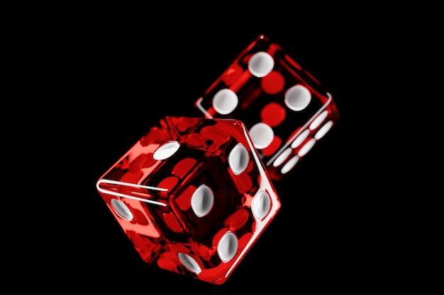 Conception de dés rouges transparents. Concept de modèle de jeu de casino à deux dés. Fond de casino.