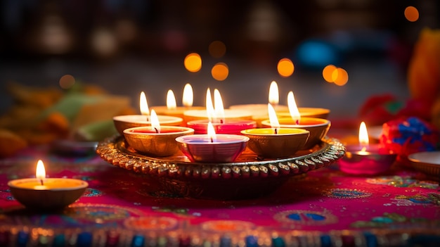 Conception de diwali heureux avec des éléments de lampe à huile diya sur fond violet rangoli effet étincelant bokeh