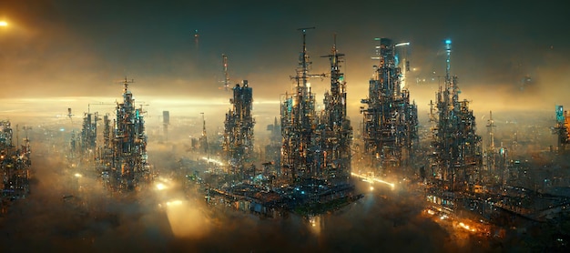 Conception du coucher du soleil dans la ville avec un concept de thème steampunk de l'avenir de la conception abstraite de l'illusion de la ville d'usine steampunk