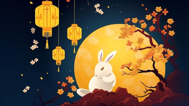 Conception du festival de la mi-automne avec un lapin regardant la lanterne céleste et la lune AI Generative