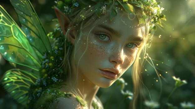 Conception du personnage de la fée de la forêt verte style de dessin animé réaliste conception du personnage principal fée des fleurs