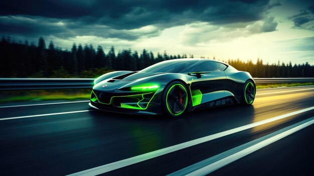 Conception élégante et aérodynamique d'une voiture électrique vert clair et noire dans un scénario de voyage à grande vitesse