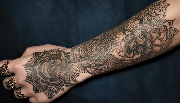 Conception élégante de tatouage au henné sur la main d'une jeune femme symbolisant l'individualité générée par l'IA