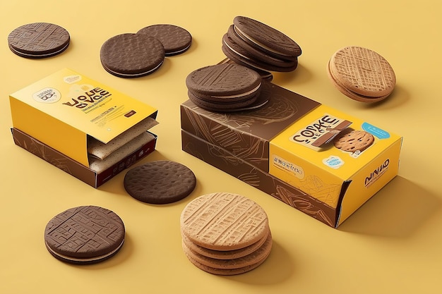 La conception de l'emballage de la galette de chocolat est isolée sur un fond jaune dans une illustration 3D.