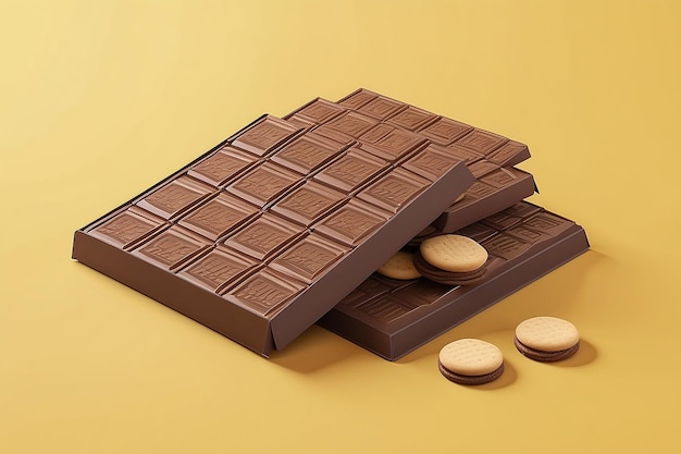 La conception de l'emballage de la galette de chocolat est isolée sur un fond jaune dans une illustration 3D.