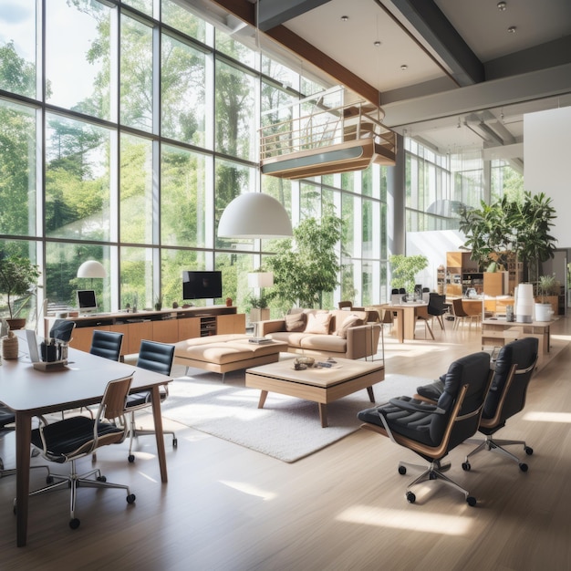 La conception de l'espace intérieur du bureau est simple et lumineuse avec de grandes fenêtres et des plantes vertes créant un environnement de travail confortable et naturel