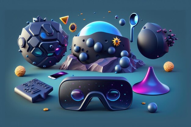 Conception de l'espace avec des planètes 3d réalistes et des astéroïdes spatiaux et des comètes jeu lunettes virtuelles et gamepad AI généré