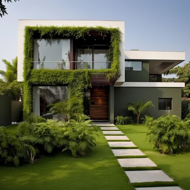 Photo conception extérieure de maison de luxe minimaliste avec des murs verts