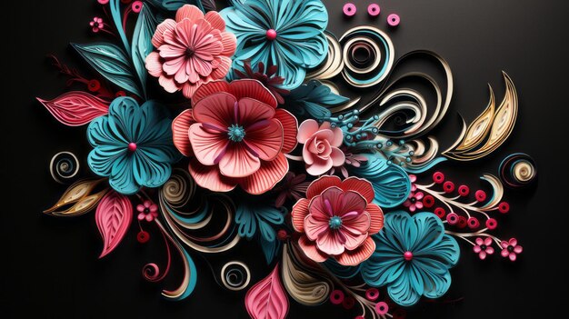 Conception florale d'art en papier 3D sur fond noir