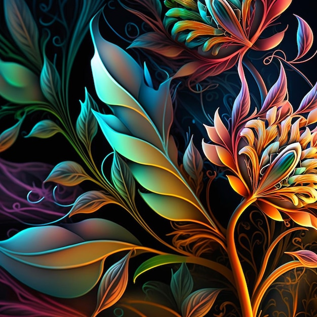Conception florale originale avec des fleurs exotiques et des feuilles tropicales Fleurs colorées sur fond sombre gros plan