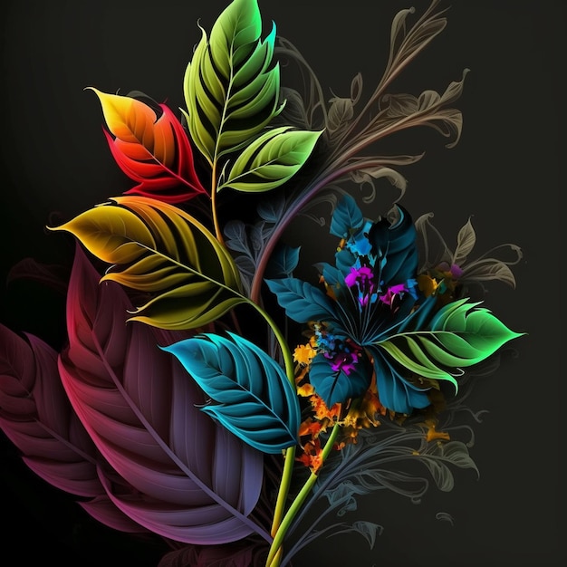 Conception florale originale avec des fleurs exotiques et des feuilles tropicales Fleurs colorées sur fond sombre