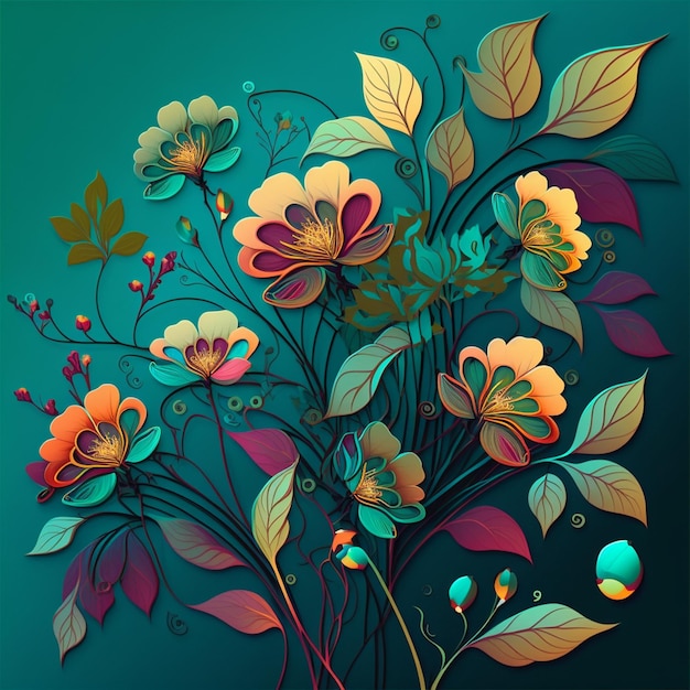 Conception florale originale avec des fleurs exotiques et des feuilles tropicales Fleurs colorées sur fond vert et bleu sarcelle