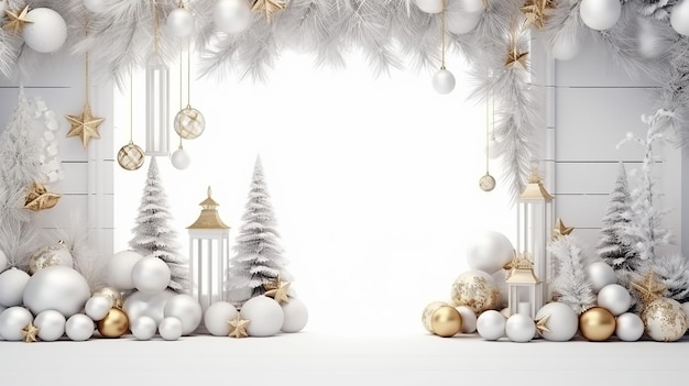 Conception de fond blanc et or de Noël avec boule de Noël sur fond blanc