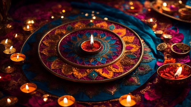 Conception de fond Diwali avec lampe diya comportant un kaléidoscope de couleurs et de motifs