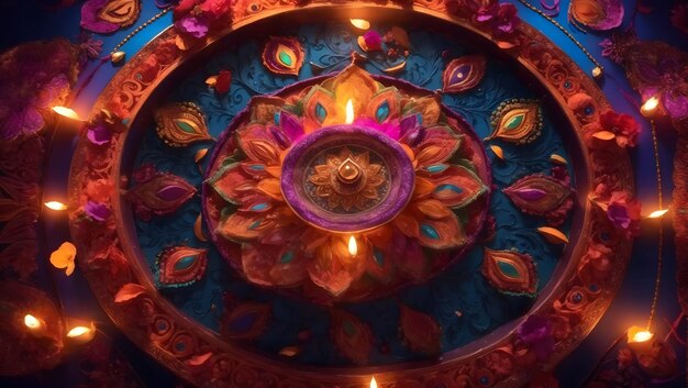 Conception de fond Diwali avec lampe diya comportant un kaléidoscope de couleurs et de motifs