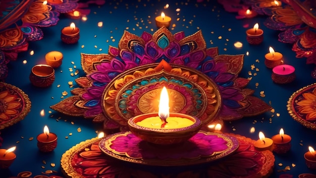 Conception de fond Diwali avec lampe diya comportant un kaléidoscope de couleurs et de motifs