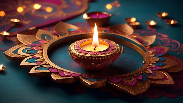 Conception de fond Diwali avec lampe diya comportant un kaléidoscope de couleurs et de motifs