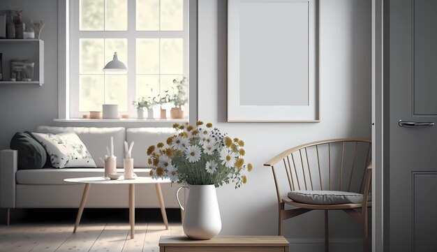 Conception d'un fragment intérieur de salon avec un bouquet de fleurs dans un vase une place pour une photo et un canapé pour se reposer et dormir Illustration générée AI