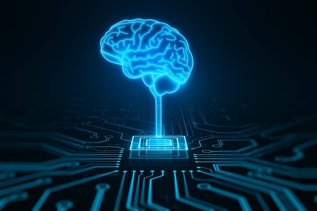 Conception futuriste du cerveau de l'Intelligence artificielle avec circuit imprimé Processus d'apprentissage et concept de résolution de problèmes Arrière-plan abstrait de la technologie numérique Rendu 3D