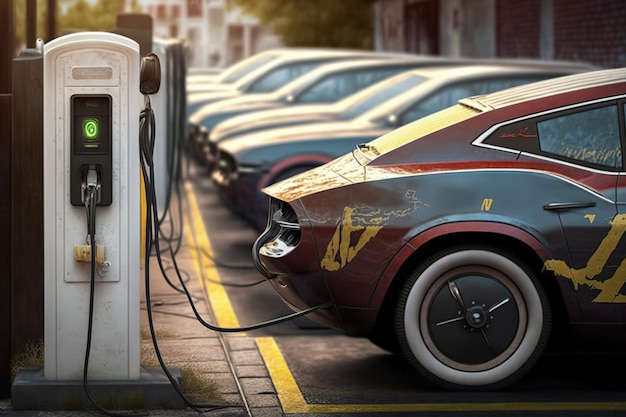 Conception futuriste d'une rangée de nombreux chargeurs électriques dans chaque parking de la rue généré par Ai