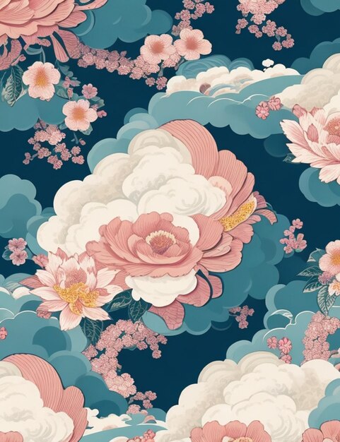conception graphique de papier peint à motif sans couture de style japonais floral et nuageux