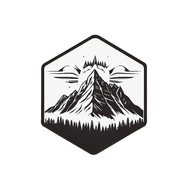 conception d'icône de logo hexagonal avec un dessin de montagnes et d'arbres en noir et blanc