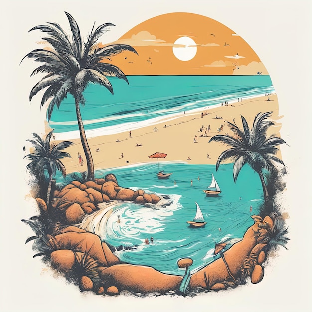 conception d'illustration vectorielle de plage d'été avec des palmiers et des vagues sur fond de coucher de soleil avec beauti