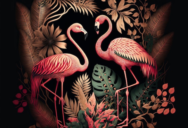 Conception d'impression art déco tropical art nouveu avec des feuilles et des flamants roses Generative ai