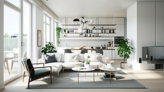 Conception intérieure d'un appartement scandinave moderne salon avec fauteuil blanc AI Generative