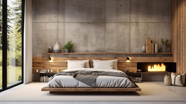 Conception intérieure boho d'une chambre moderne avec du béton