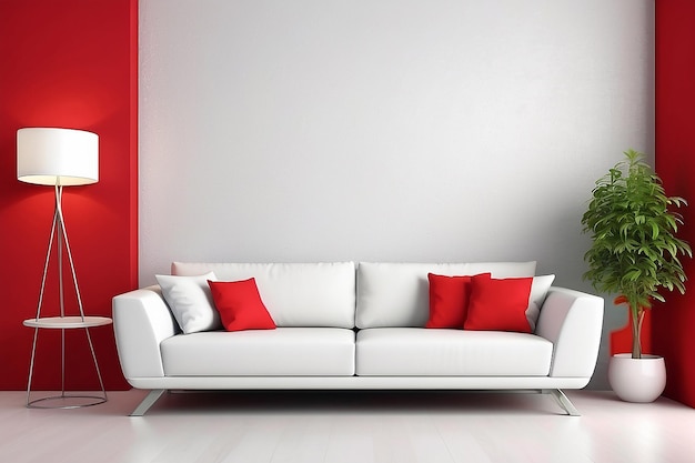 Conception intérieure d'un canapé blanc moderne sur fond mural rouge