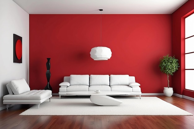 Conception intérieure d'un canapé blanc moderne sur fond mural rouge