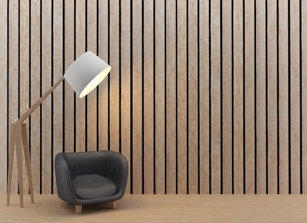 Photo conception intérieure de canapé et de lampe dans une pièce en bois en rendu 3d