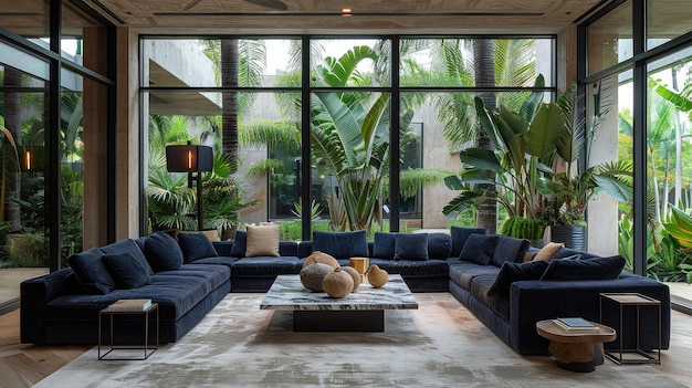 conception intérieure avec canapés bleus et tapis gris lampes de sol grandes fenêtres donnant sur un jardin