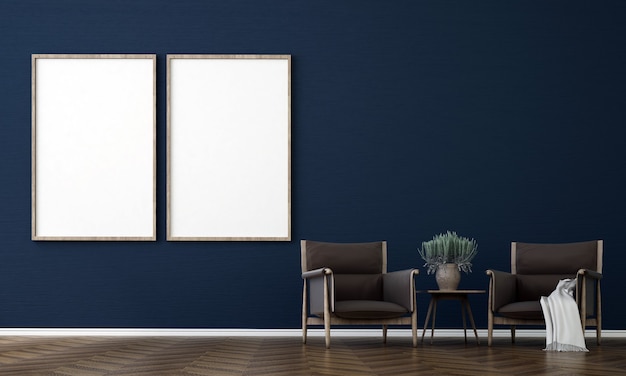 La conception intérieure de la chambre du salon et de l'affiche sur toile sur un mur bleu vide, rendu 3d