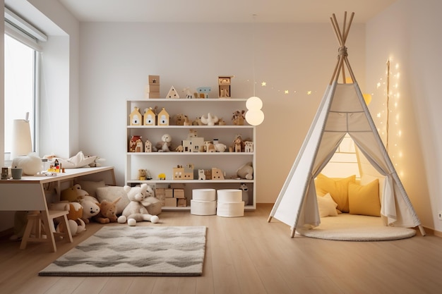 La conception intérieure de la chambre des enfants dans le style scandinave et minimaliste générative AI Concept d'appartement contemporain décoration de chambre des enfants