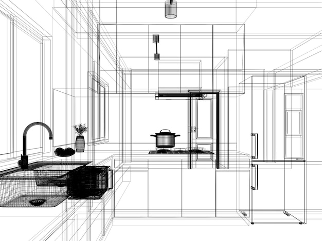 Photo conception intérieure de la cuisine moderne rendu 3d