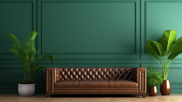 conception intérieure du salon avec mur vert et fauteuil