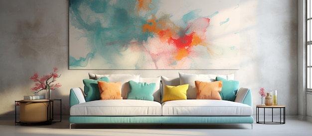 Conception intérieure du salon avec peinture à l'aquarelle et canapé blanc