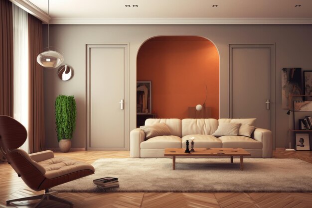 Conception intérieure du salon avec portes maison moderne IA générative