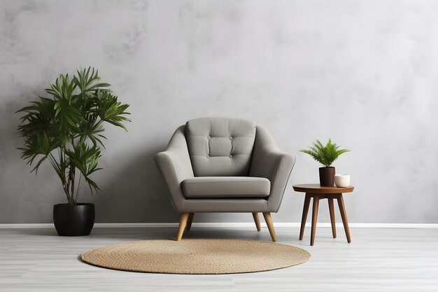 Conception intérieure du salon Table de fauteuil avec plante verte en pot tapis rond sur le sol