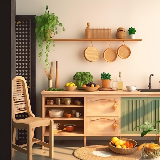 Conception intérieure d'un espace de cuisine avec des meubles en rattan