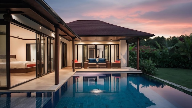 Conception intérieure et extérieure d'une villa de luxe avec piscine, d'une maison avec piscine et d'une chambre à coucher