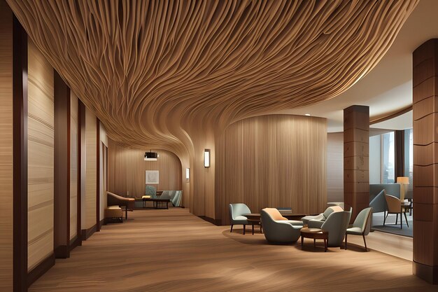 La conception intérieure de l'hôtel avec des courbes douces suggérant des vagues tourbillonnantes plus prononcées